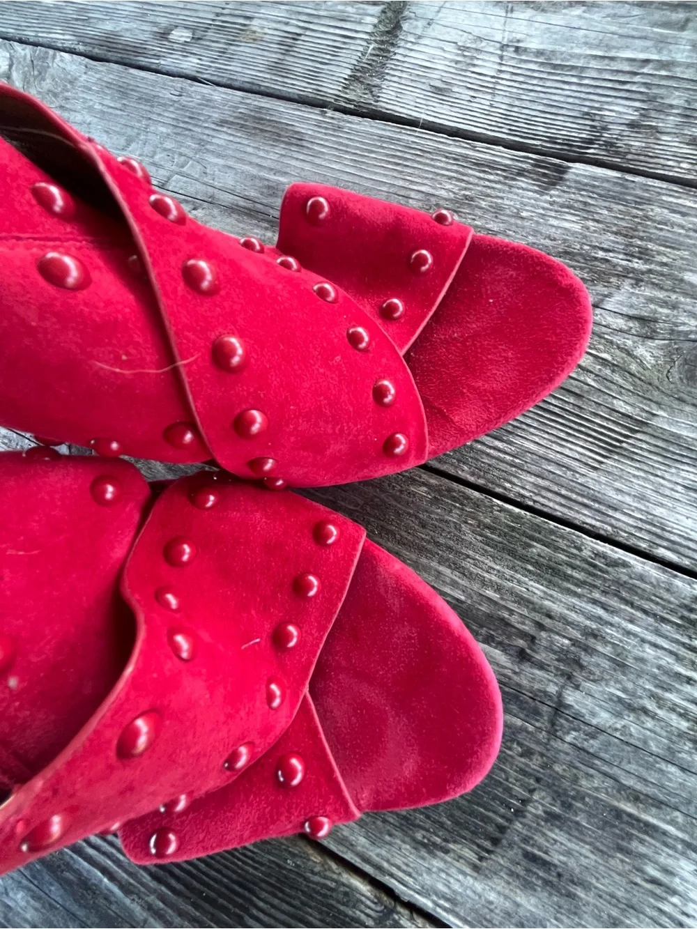 HALSTON Red Studded Women’s Suede Heeled Sandals PLATFORMS SZ  8.5